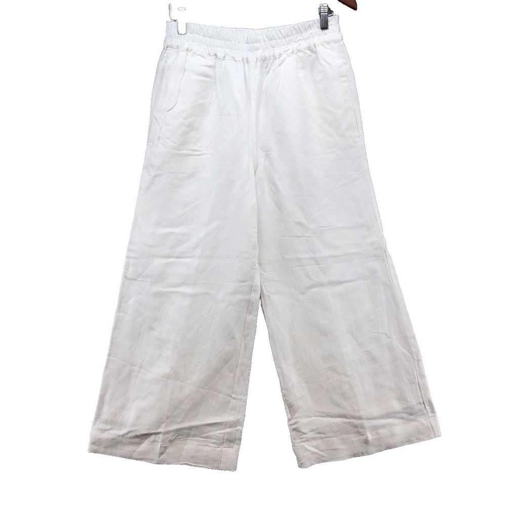 Evereve Linen Pants Womens Small White Wide Leg High Rise Elastic Waist Beachy